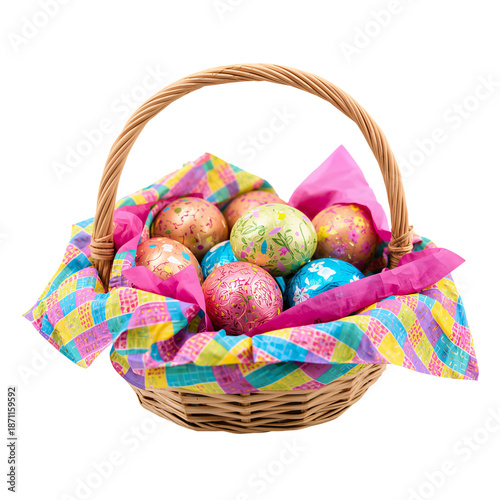Colorful Eggs in a Basket With Bright Wrapping and Decoration in a Festive Se...