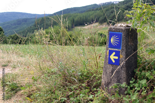 Sign of Camino de Santiago approaching Larrasoana, in Navarra Spain taken in July 2024