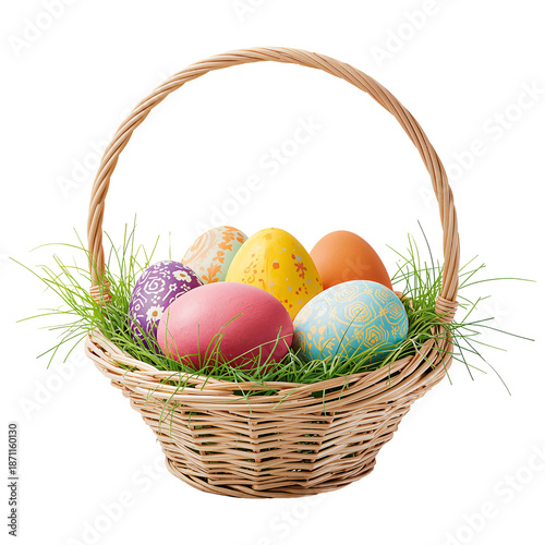 Colorful Easter Eggs in a Basket With Grass Decoration During Spring Time Cel...