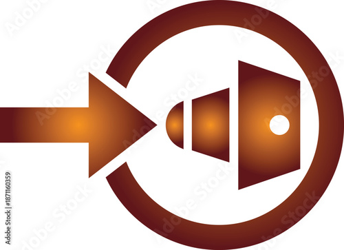 Dynamic orange arrow graphic pointing into a stylized brown megaphone icon within a circular outline, representing communication, sound amplification, and directed message delivery