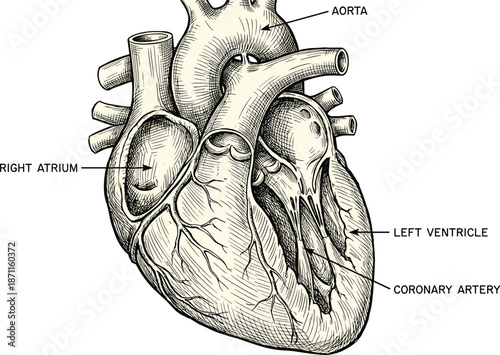Human heart anatomy labeled diagram, educational medical illustration for biology and health science learning, flat vector artwork