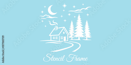 Winter house stencil frame vector, cozy home, pine trees, crescent moon, night sky, seasonal design, flat vector illustration