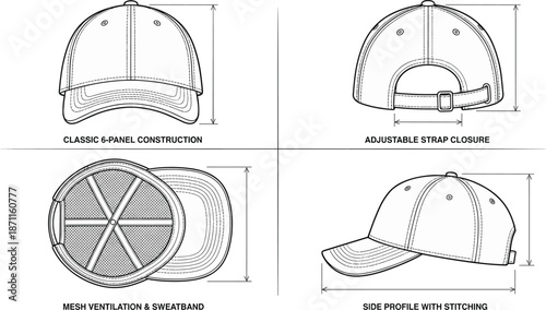 Baseball cap technical vector sketch, 6-panel design, adjustable strap, mesh sweatband, side profile view, flat vector illustration