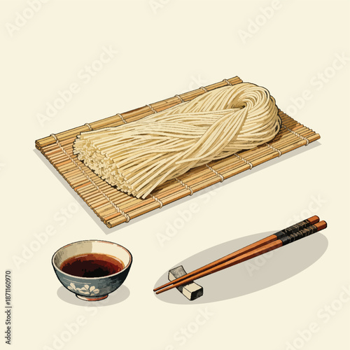 Traditional Japanese Somen Noodles with Dipping Sauce Illustration