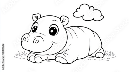 Cute hippo coloring page, grass, cloud, kid's activity