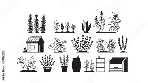 Monochrome collection featuring potted plants, herbs, and garden containers in a decorative illustration.