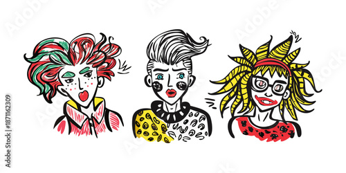 Sophisticated characters with artistic fashion and expressive faces in a doodle style. Bold use of patterns, unique hairstyles, and thoughtful expressions. High-contrast colors and hand-painted textur