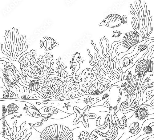 Underwater scene with fish sea creatures and coral reef
