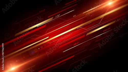 Vibrant red and gold abstract technology background with glowing lines