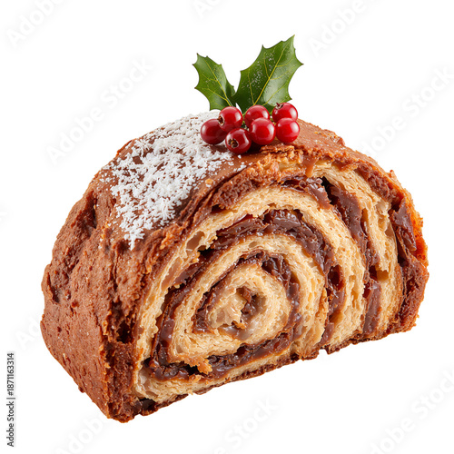 Delicious Cake Roll With Red Filling and Holiday Decoration in Kitchen Settin...