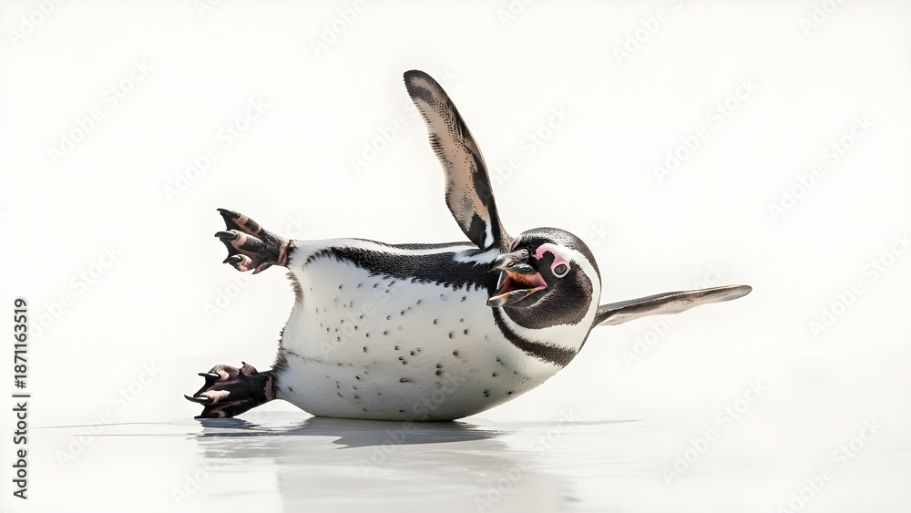 Fototapeta premium Humboldt Penguin Lying on Back with Wings Up isolated PNG with Transparent Background