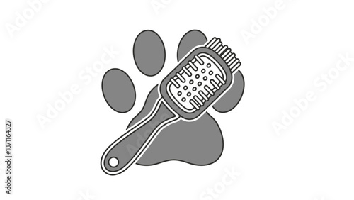 Dog grooming brush resting on a pet paw print illustration
