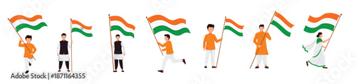 Illustrated Indian men and woman waving the national tricolor flag in various patriotic poses