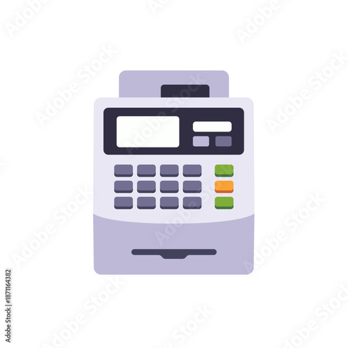 Electronic cash register with keypad and display, colorful icon, flat style vector illustration