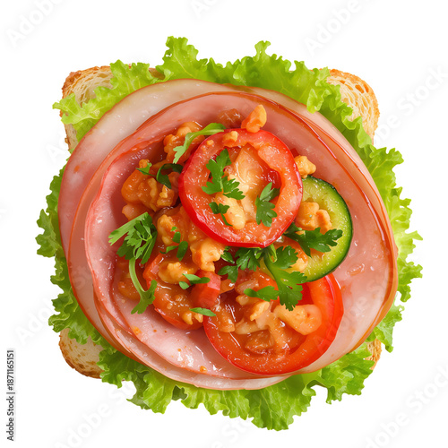 Sandwich With Ham, Cheese, Lettuce, and Tomato Slice on White Background