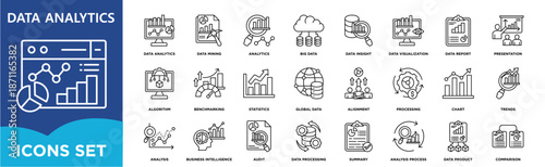 Data Analytics icon set focused on business data analysis, performance metrics, reporting, dashboards, and  Audit