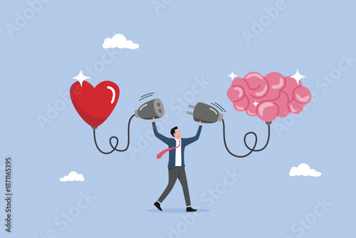 Self control or balance concept, emotional Intelligence, empathy or social skill, eI or control feeling and emotion with logical thinking brain, man connect heart feeling with logical thinking brain.