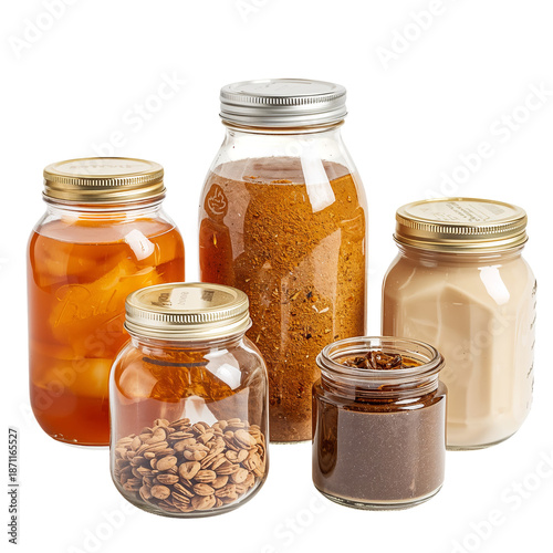 Various Glass Jars Filled With Different Food Items on a Table
