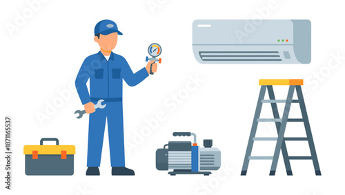 HVAC technician performing air conditioner repair and maintenance
