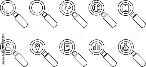 Search icon set. Outline collection with magnifying glass symbol. Containing digital marketing, data analysis, management, and more. Vector illustration.