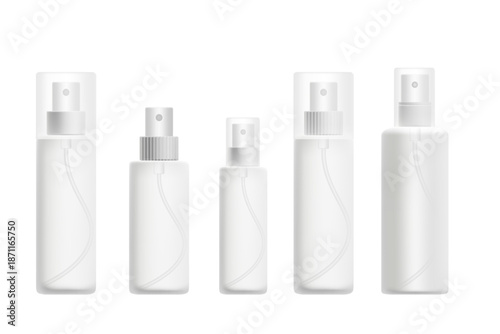 Cosmetic 3D spray bottle mockup set, isolated, transparent background. Clean aerosol or mist product packaging, white plastic, light gray pump, translucent lid cap. Beauty skin care, hair dry shampoo.