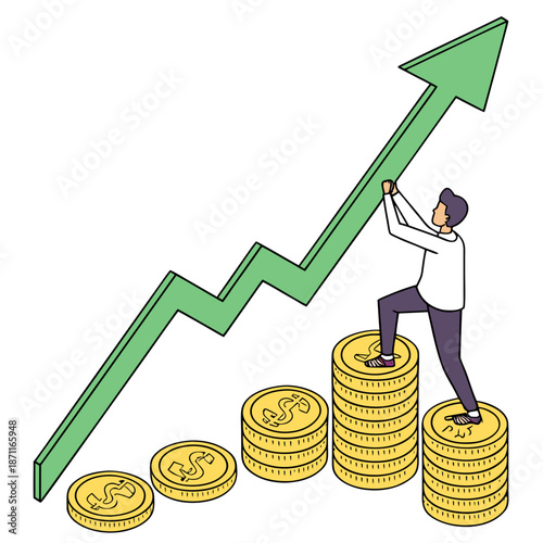 Man pushing green arrow upward on stacks of gold coins with dollar signs