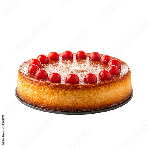 Cheesecake With Cherries Displayed on a Black Cake Pan Against White Background
