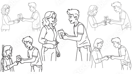 Clean Black Line Illustration Of A Teenager Presenting A Handmade Card To A Parent