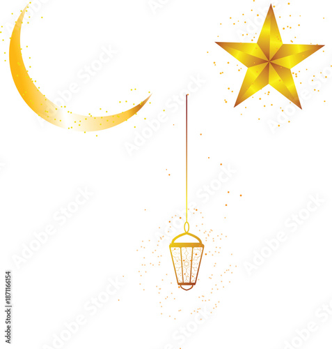 Golden crescent moon, shining star, and elegant lantern for Islamic festive occasions