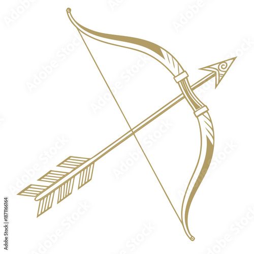 Gold bow and arrow silhouette with white background