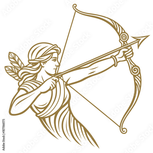 Golden archer woman aiming bow and arrow