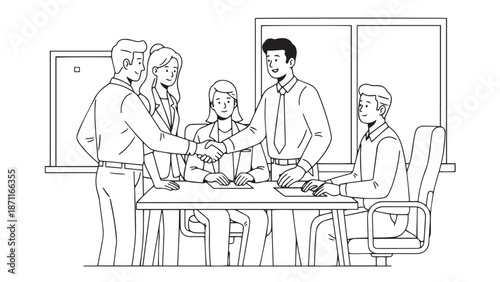 Black And White Line Art Illustration Of An Office Team Finalizing An Agreement As Two Colleagues Shake Hands Across A Conference Table