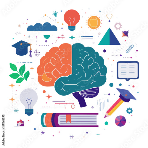 Creative Brain Concept with Education Icons and Light Bulbs Illustrating Learning and Innovation