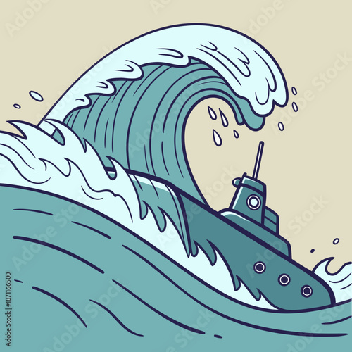 Cartoon submarine riding large ocean wave teal