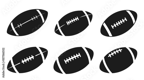 Six american footballs in a black and white design silhouette