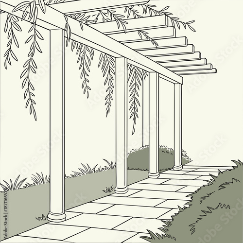 Pergola walkway with grass and hanging leaves garden