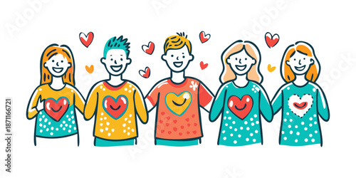 Compassionate volunteers with heart motifs on their clothing in a whimsical doodle style. Friendly, smiling faces and diverse backgrounds. Warm, bright colors like coral, sunny yellow, and teal.