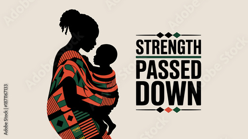 Realistic Silhouette of African Mother Carrying Baby on Back with Traditional Pattern Accents