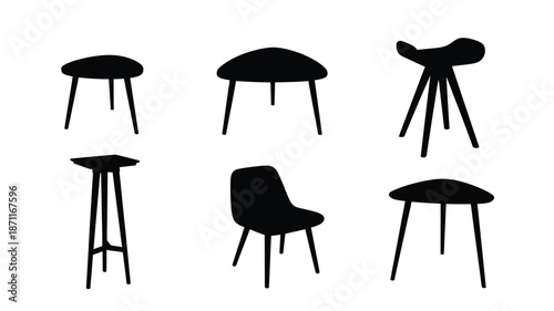 Minimalist furniture designs showcasing various chair and stool forms silhouette