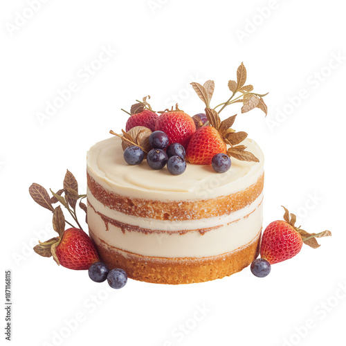 Decorated Cake With Fresh Fruits on Top Placed on a Simple White Background