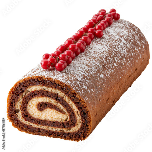 Chocolate Roll Cake With Cream Filling and Red Berries on Top Served on White...