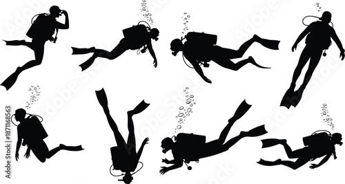 scuba diver silhouette collection illustration, underwater swimming poses with oxygen tank, professional diving vector set isolated on white