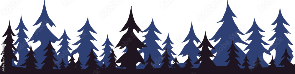Fototapeta premium Park of evergreen wood. Coniferous spruce panorama. Seamless forest of Christmas fir trees silhouette. Forest silhouette of pine trees creating