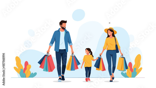 Happy family with a young daughter walking together and carrying many colorful shopping bags after a successful trip.
