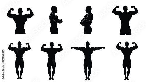 Diverse muscular physique poses displayed as striking black silhouettes