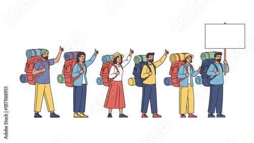 Group of diverse hikers standing in a row with large backpacks and giving thumbs up while one holds a blank white sign.