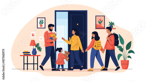 Diverse family members interacting at the entrance of a house with children and adults coming and going from the home.