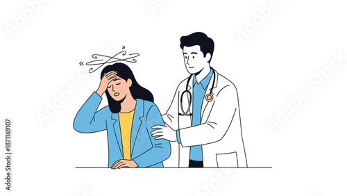 Male doctor in a white lab coat supporting a female patient who is feeling dizzy and has spinning symbols above her head.