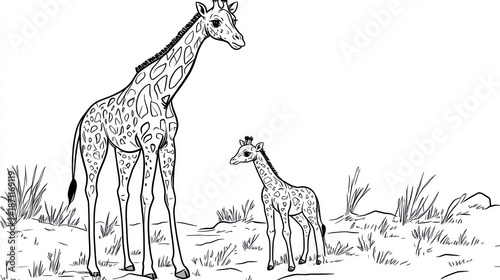 Giraffe mother and calf in savanna, educational coloring page