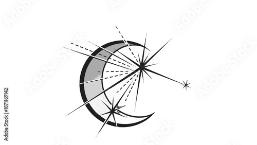 Black and white crescent moon with stars and geometric lines.